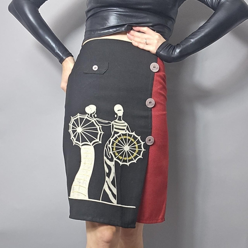 Vintage 80s 90s Black and Red Artistic Pencil Skirt